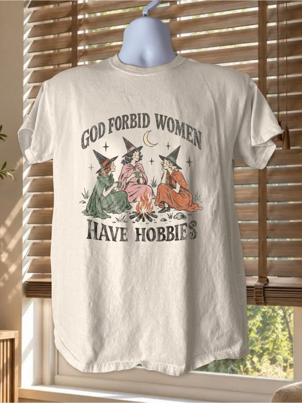 'God Forbid Women Have Hobbies' Cream T-Shirt, Vintage Campfire Witch